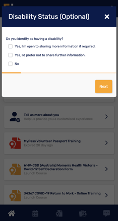 Pregunta opcional sobre la discapacidad para los voluntarios - MyPass Pasaporte de Habilidades