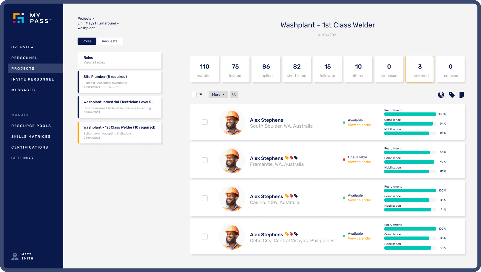 El panel de gestión de personal de MyPass muestra una lista de soldadores y sus porcentajes en cumplimiento normativo