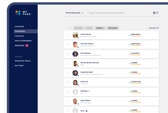 MyPass workforce management dashboard showing a list of personnel