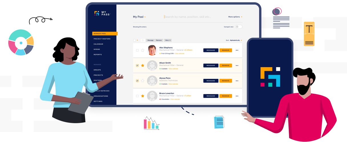 MyPass workforce management dashboard showing a worker pool. Two people are pointing to the dashboard 