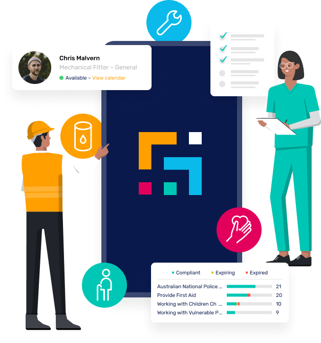 A man wearing high-vis and a hard hat is pointing. A woman wearing scrubs is ticking off a checklist. There is a dashboard showing the expiry dates of worker compliance documentation. There is a worker profile for a mechanical fitter called Chris Malvern whose MyPass profile shows him as available. 